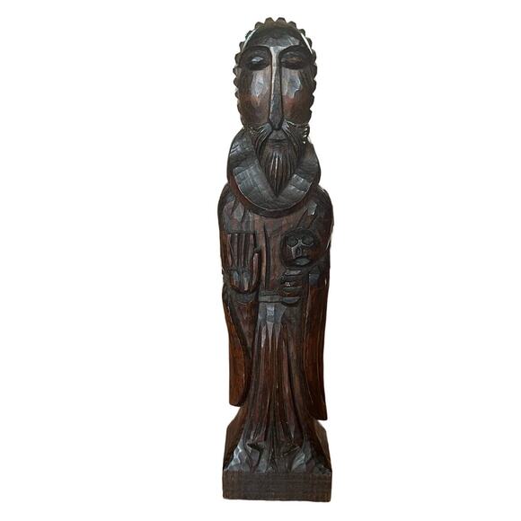 11" Antique Hand-Carved Religious Wooden Statue/Figure Holding Head-Saint Peter?